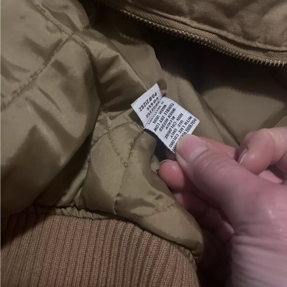 dear ab jacket Juniors L Tan Bomber Style Fitted Missing Hoodie Quilted Lining - Picture 7 of 8